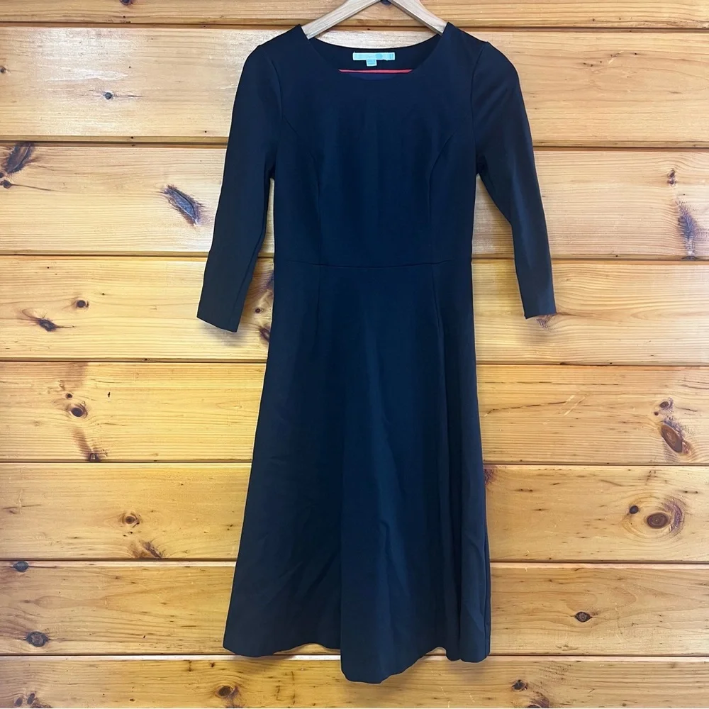 Boden Classic Black 3/4 Sleeve Round Neck Chic Stretchy Lined Side Zip Dress 6L